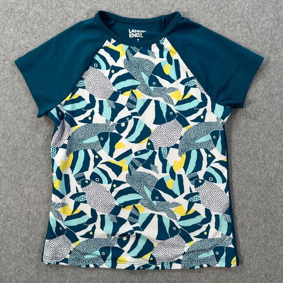 Lands' End Boys Short Sleeve Rash Guard Medium 8 Fish Graphic Teal Swim Summer - Picture 1 of 5